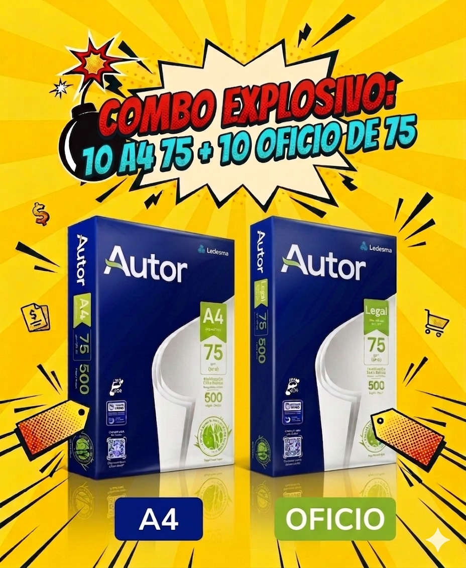 COMBO EXPLOSIVO Resma Autor A4 75gr (x10) + Resma Autor Oficio 75gr (x10)